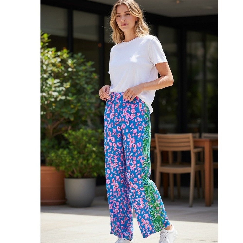 Lilly Pulitzer NWT SZ XL Wide Leg Pants Blue Pink Leopard Palm Print Resort
